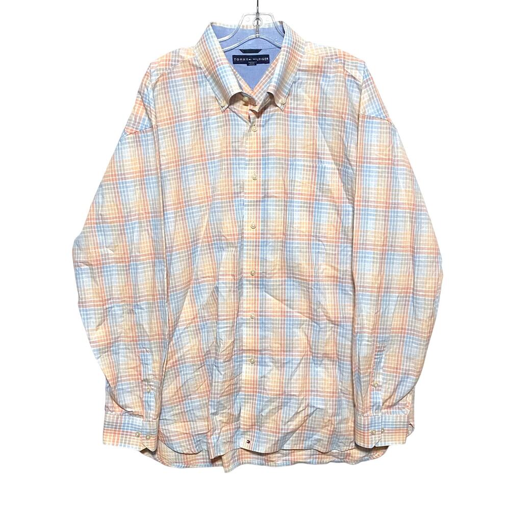 Tommy Hilfiger Button Shirt Colorful Red Orange Blue Checks Stripes Mens XL